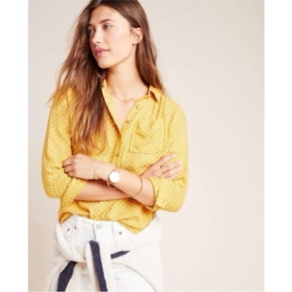 Anthropologie Isadora Yellow Embroidered Button Front Sz XL